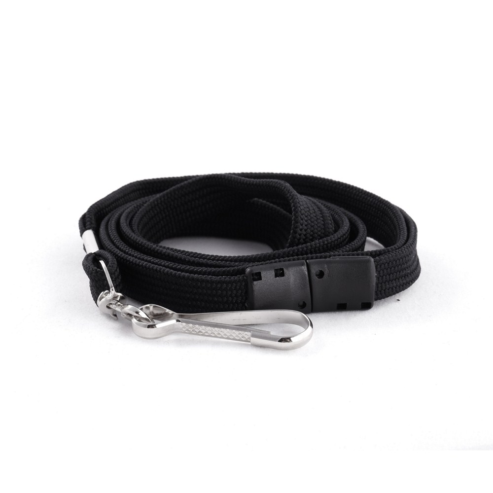 Premium Black 12mm Flat Tubular Lanyard with a side safety breakaway and a swivel hook
